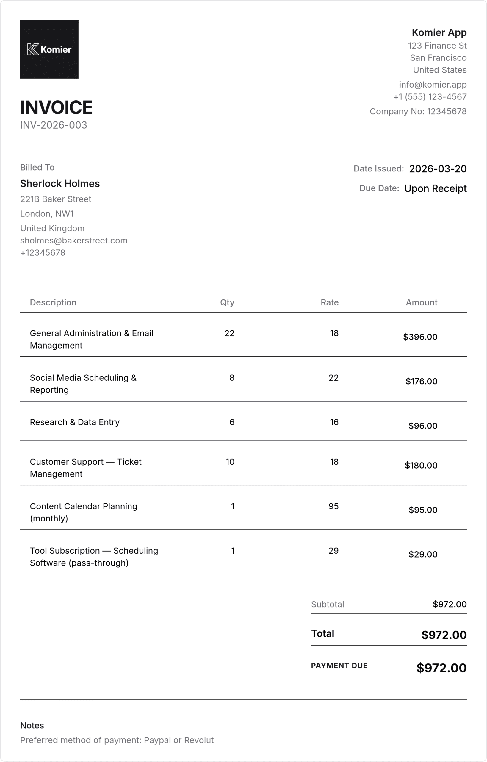 virtual assistant invoice template
