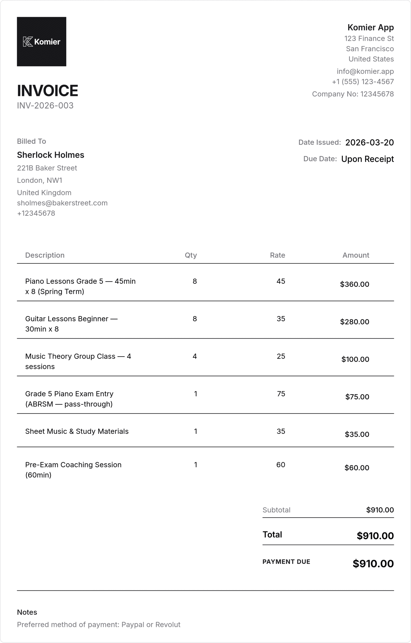 music teacher invoice template