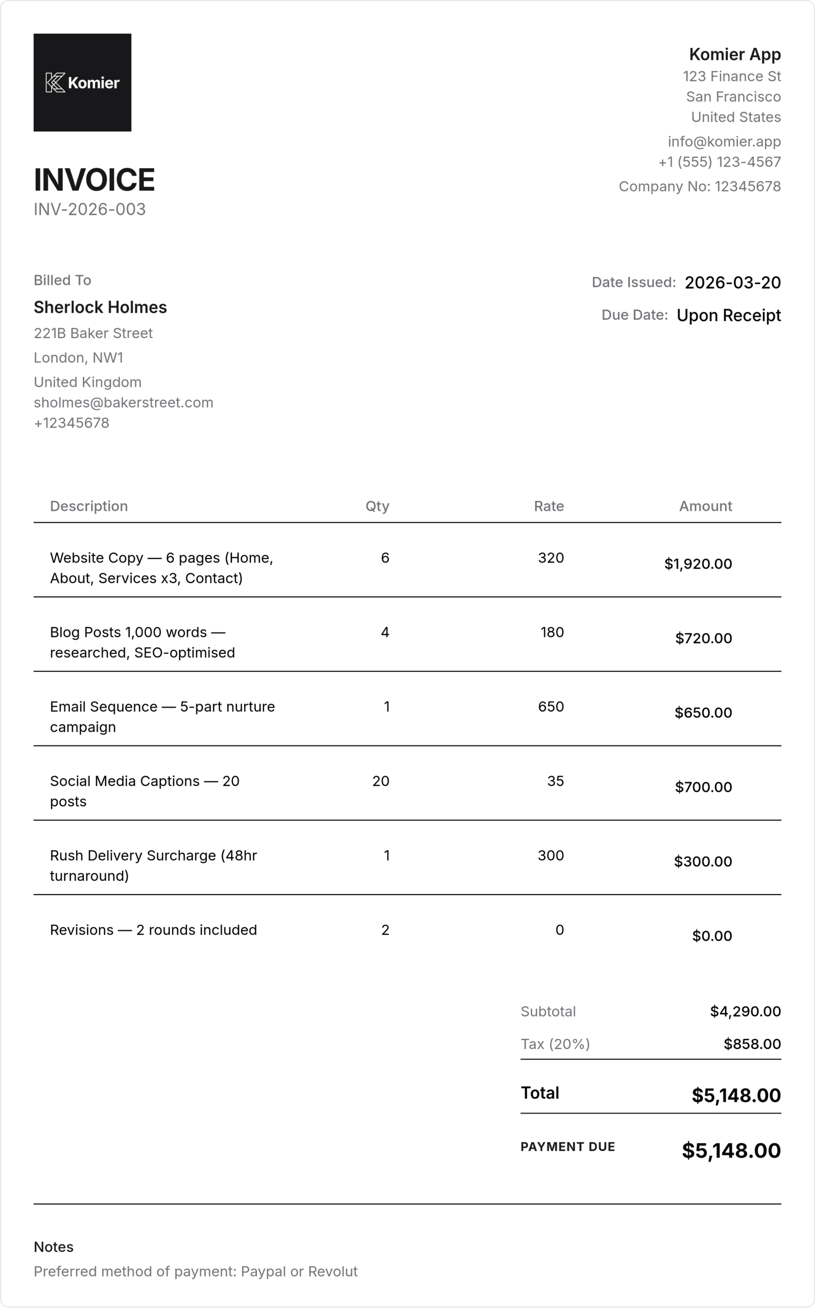 copywriter invoice template