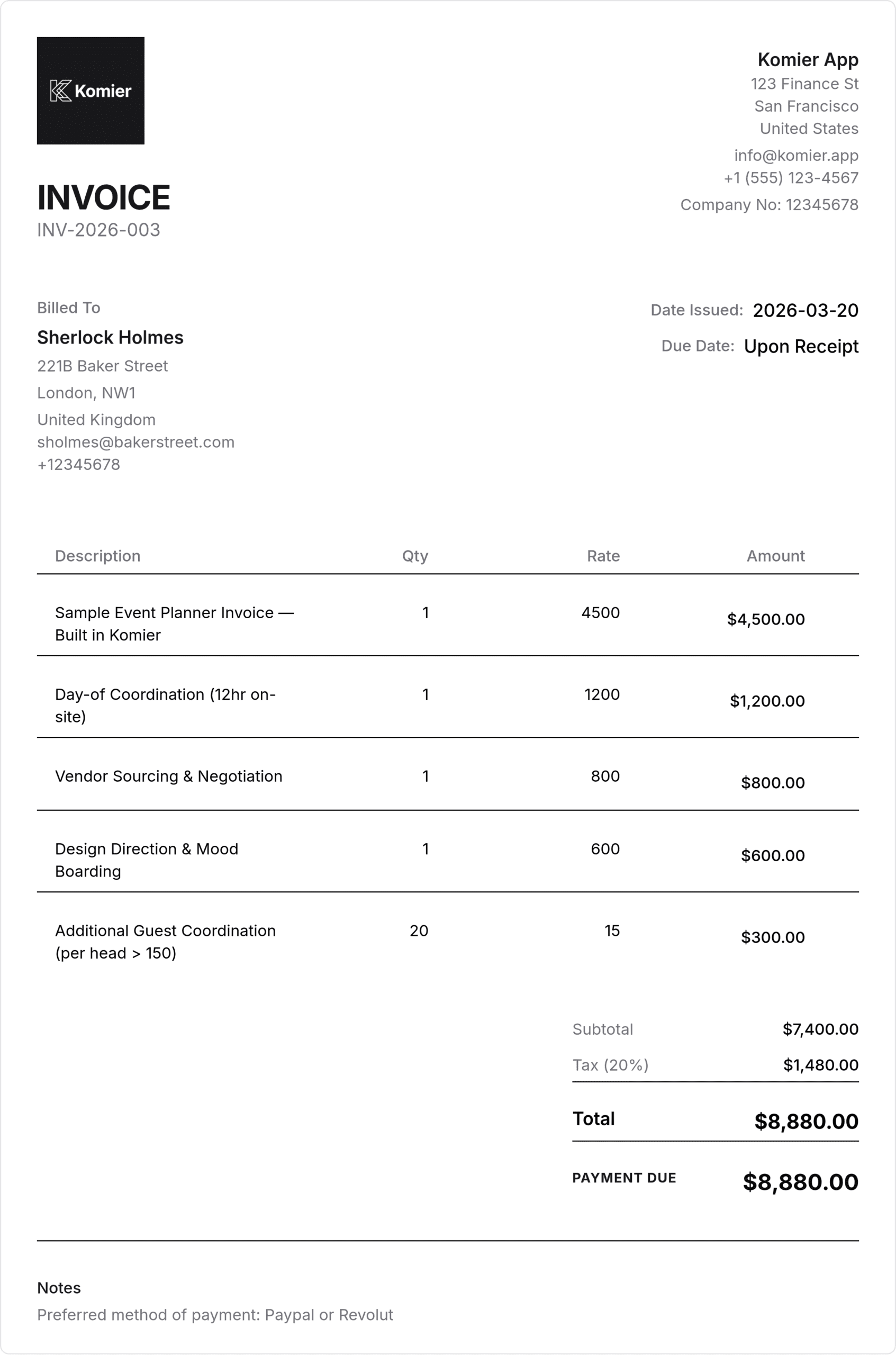 event planner invoice template