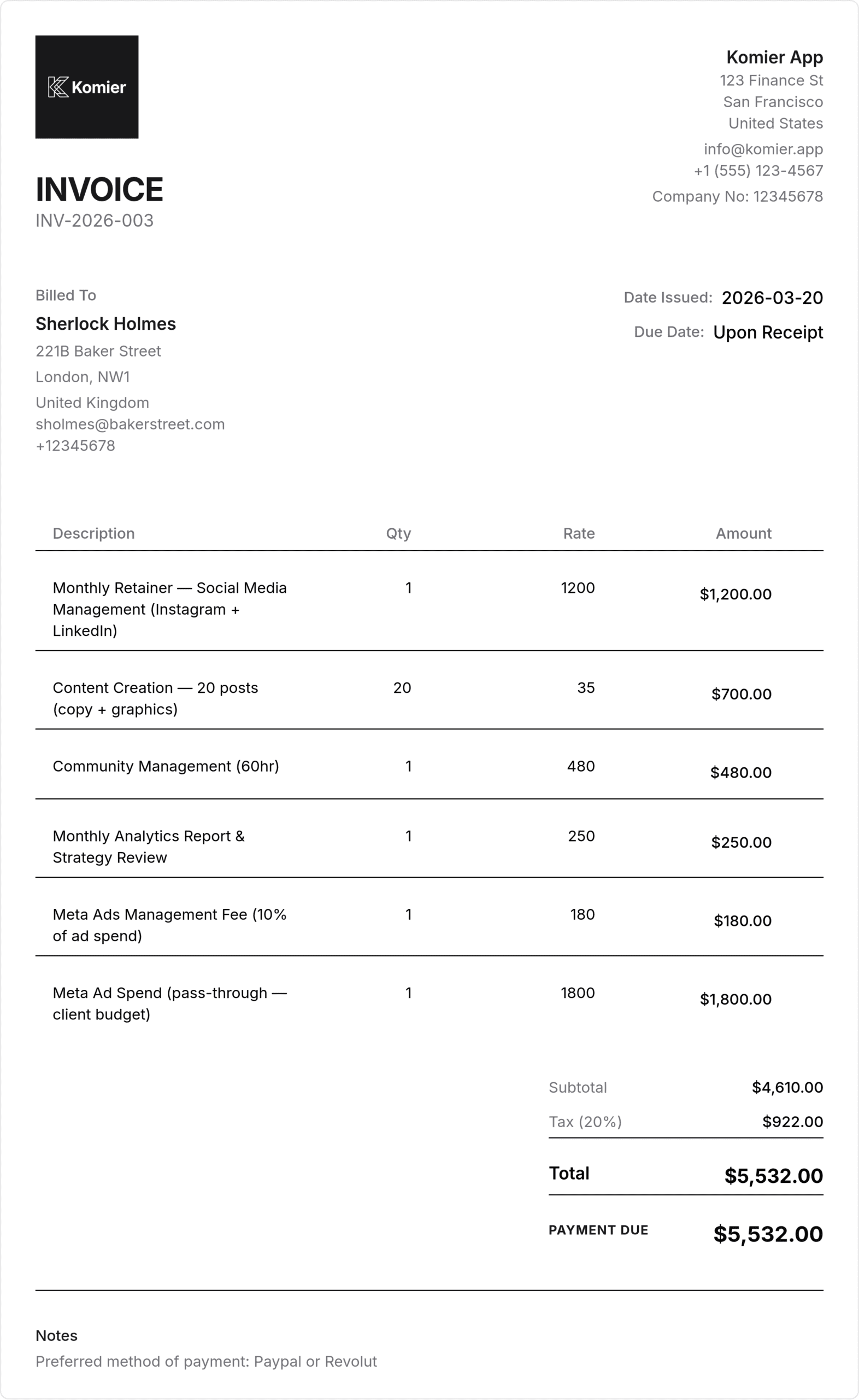 social media manager invoice template