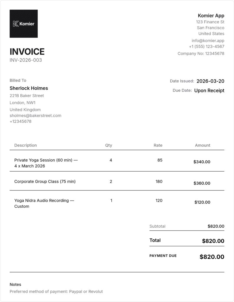 yoga teacher invoice template