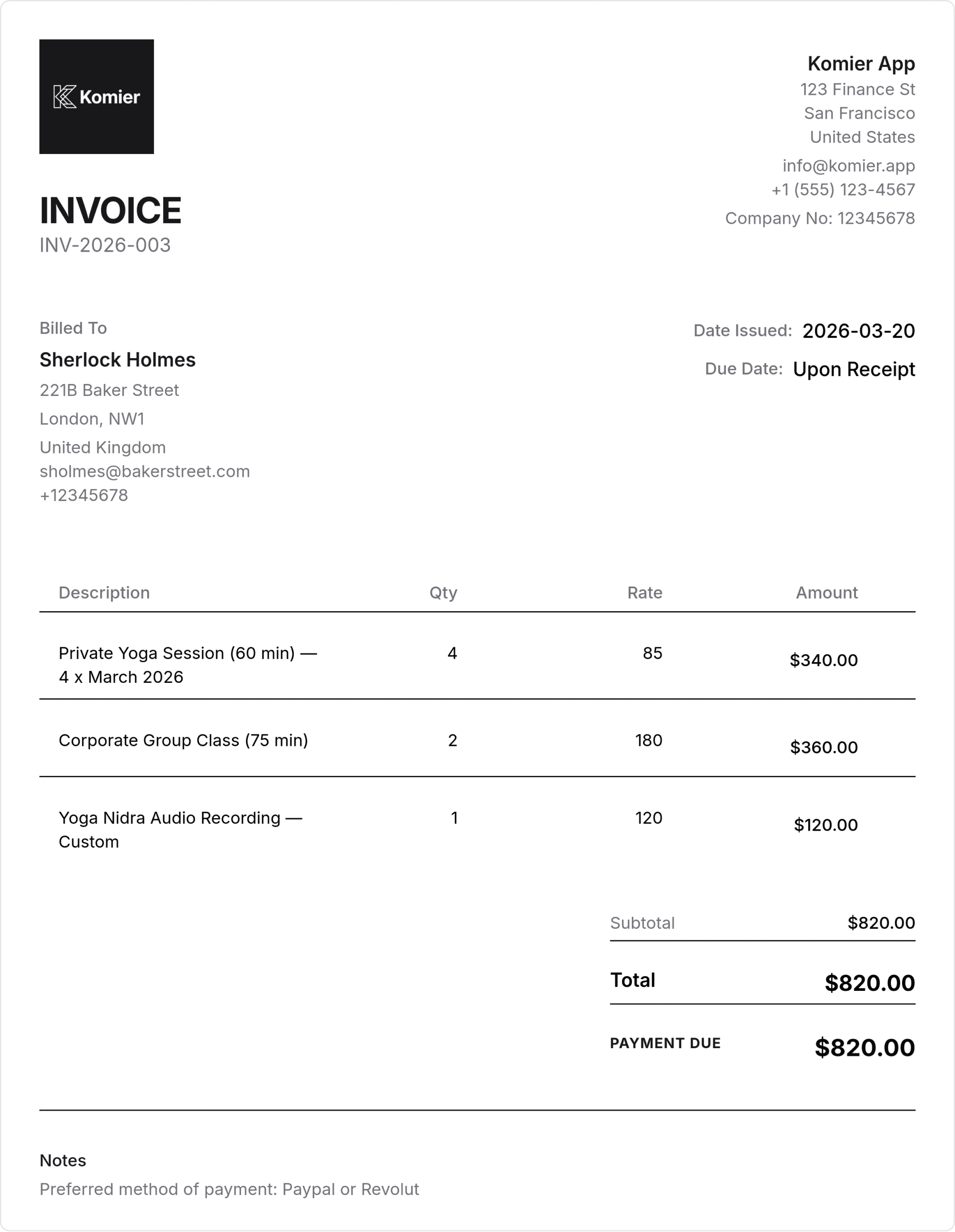 yoga teacher invoice template