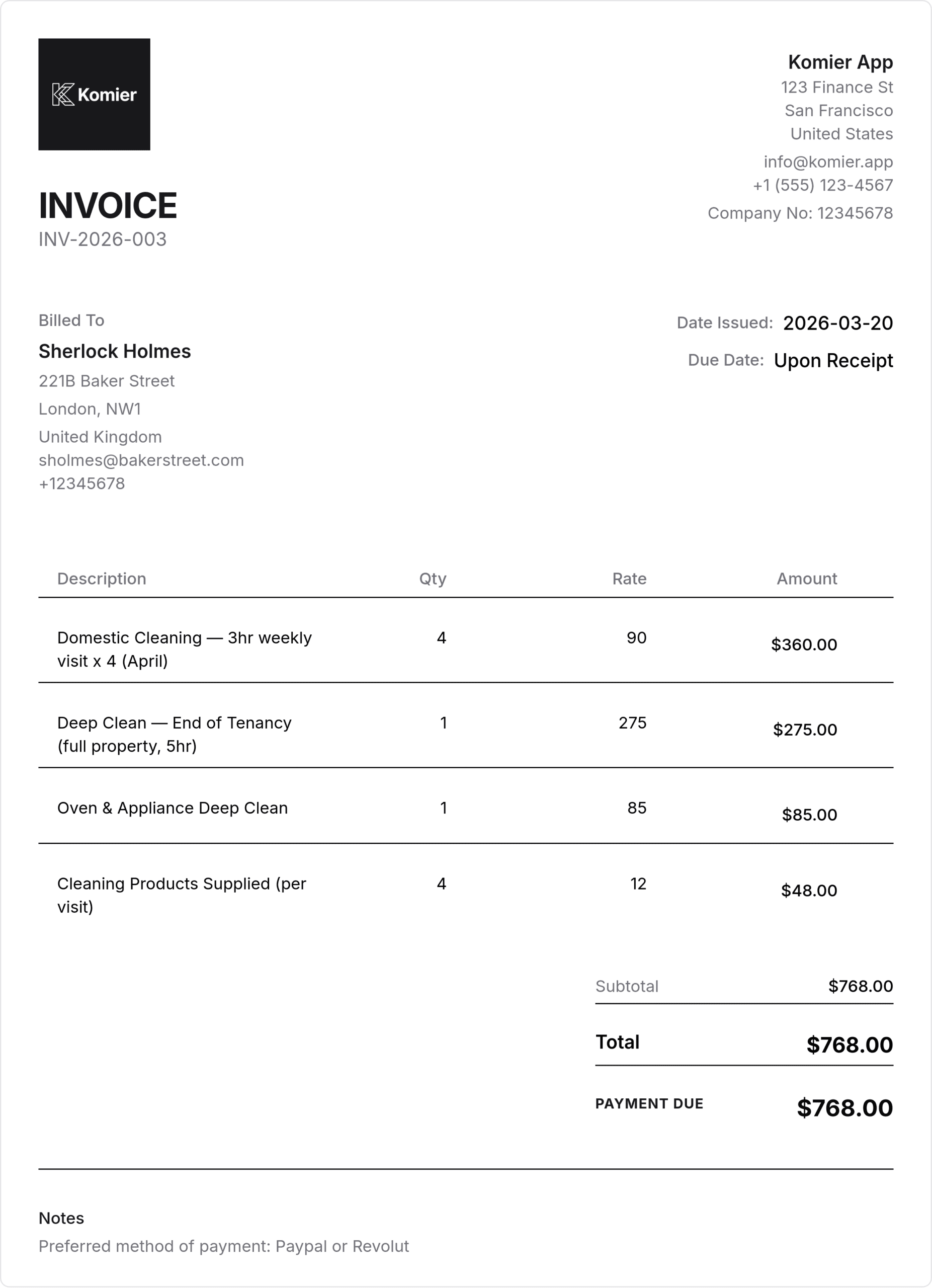 cleaning services invoice template