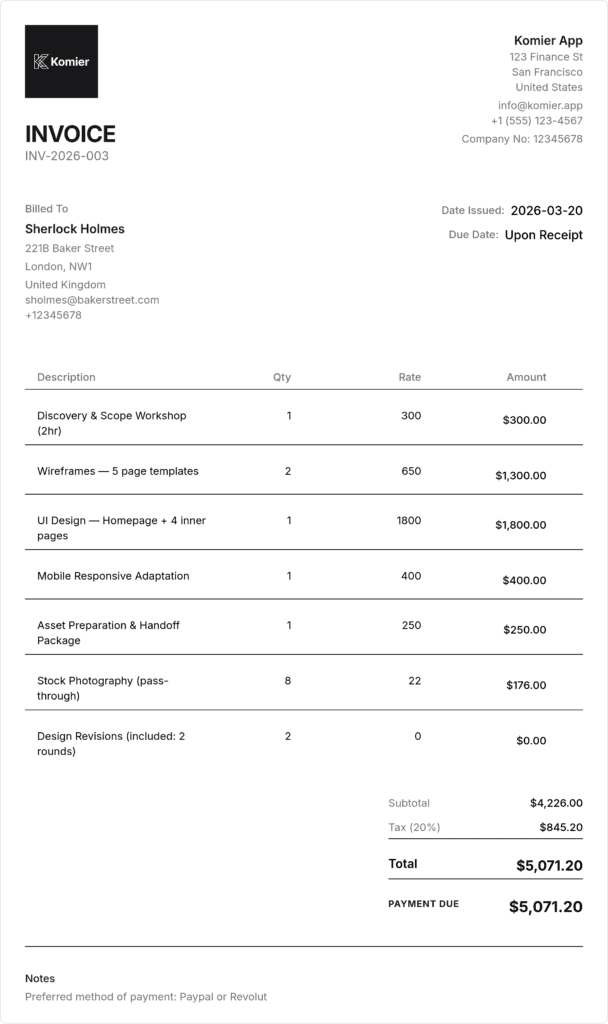 web design invoice template