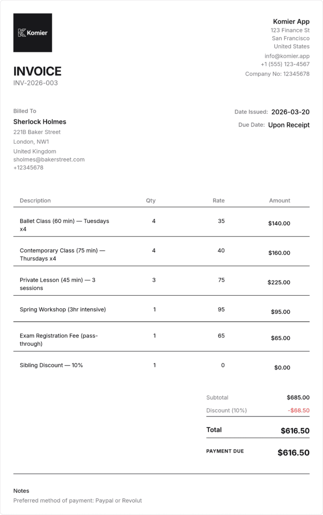 dance teacher invoice template