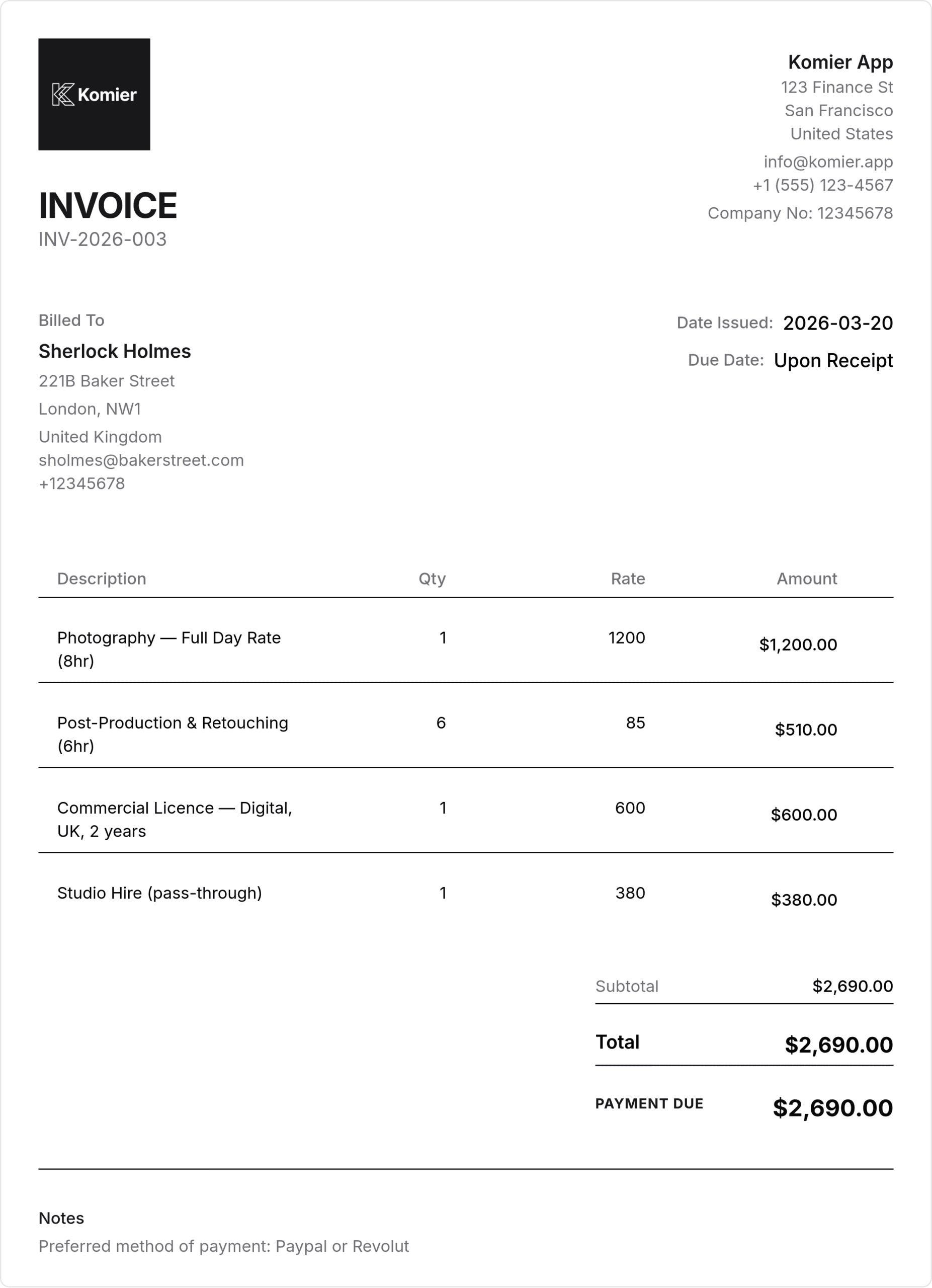 photographer invoice template