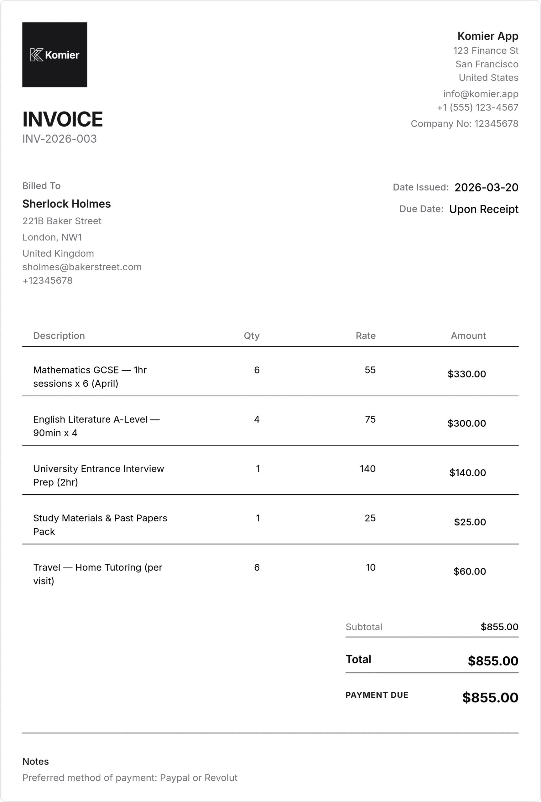 private tutor invoice template