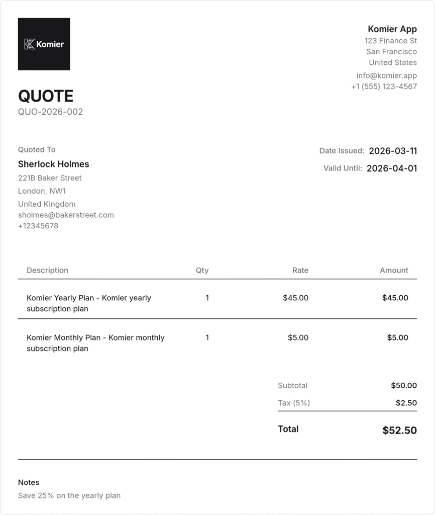 komier online quote template generator