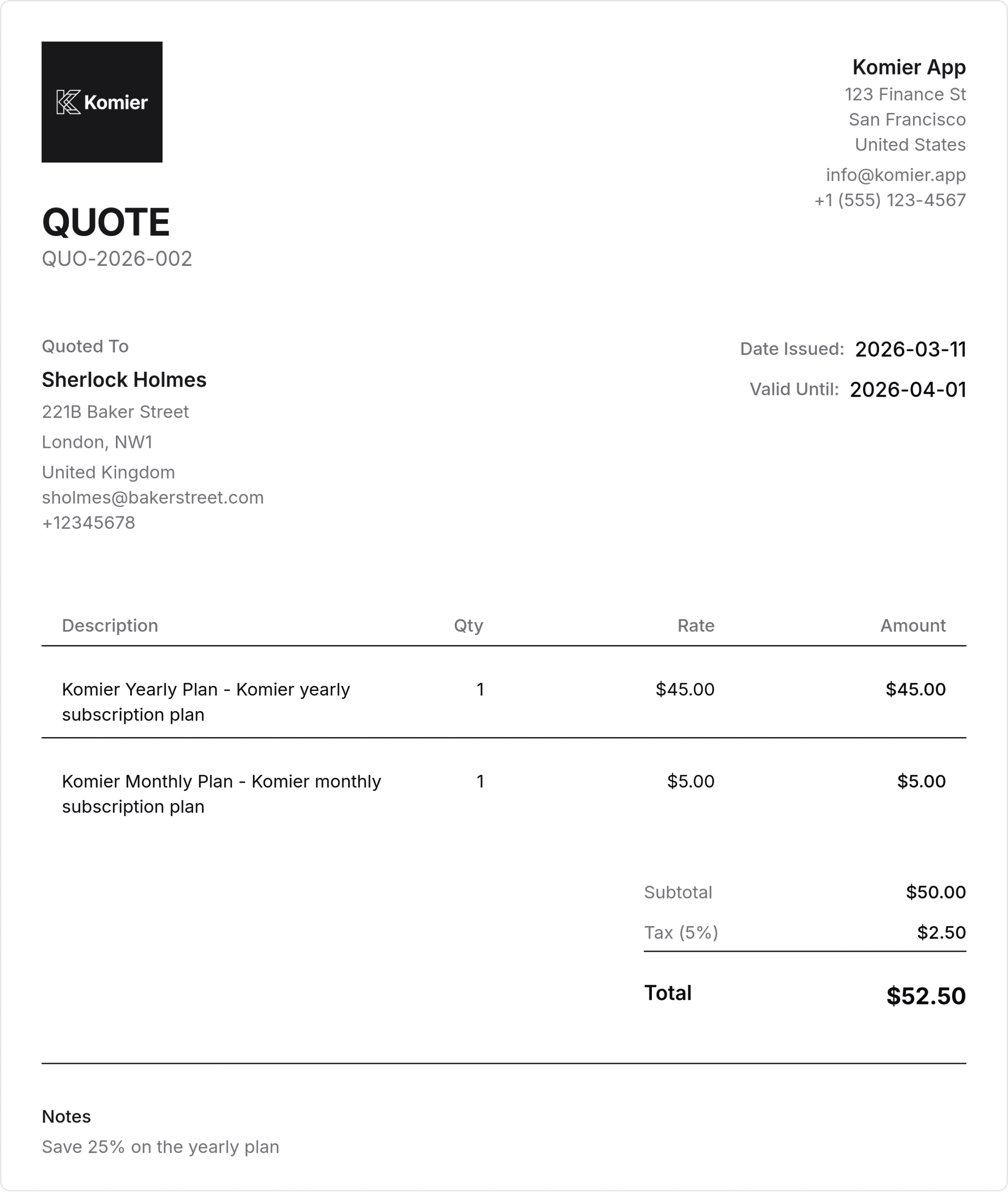 komier online quote template generator