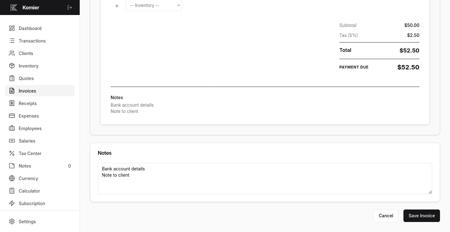 komier online professional invoice template generator