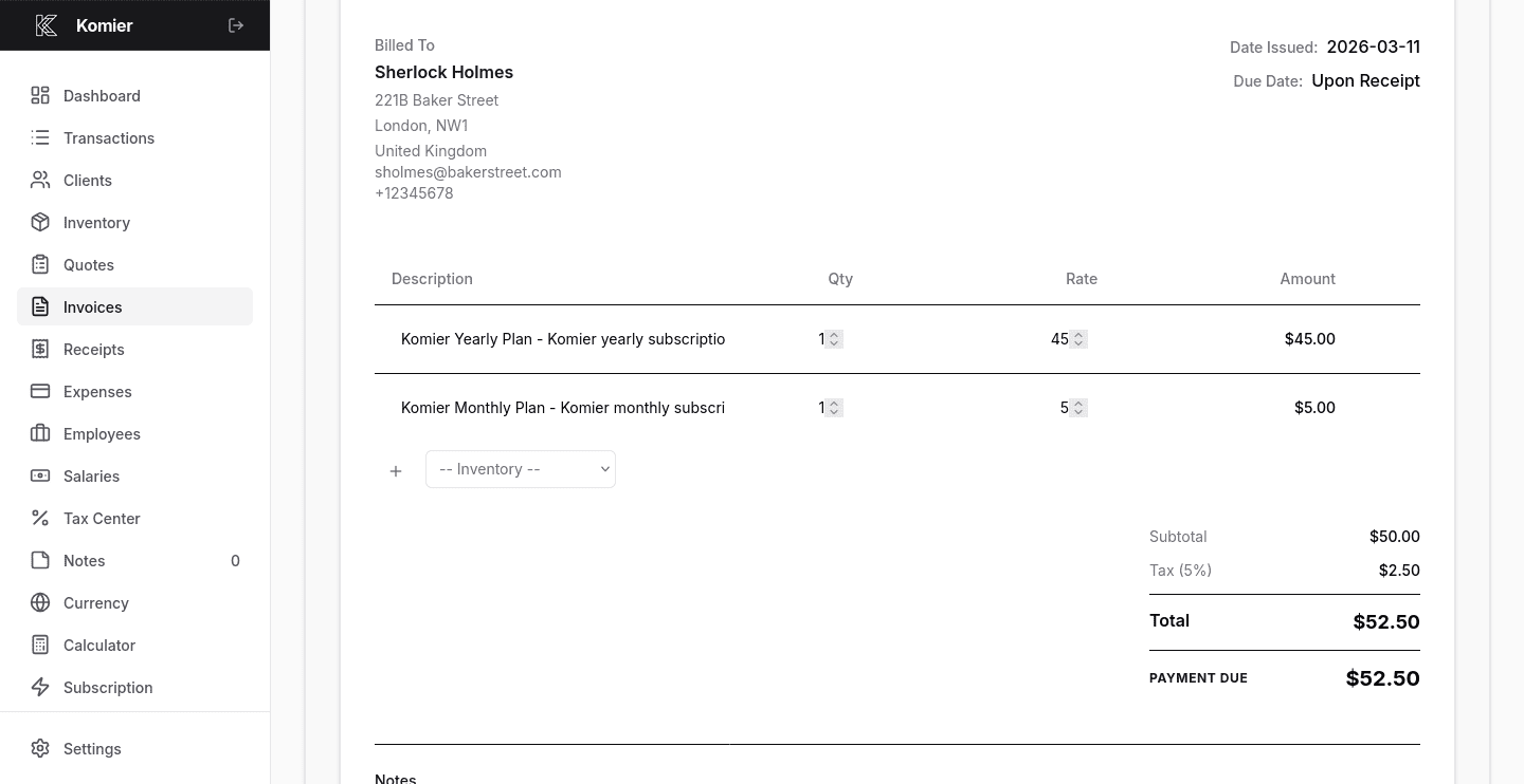 komier online professional invoice template generator