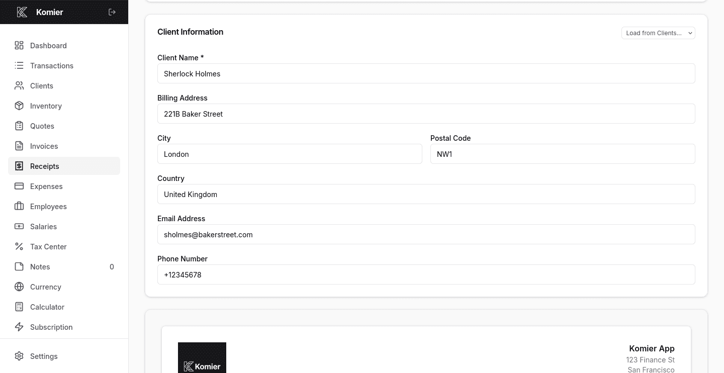komier online receipt generator template