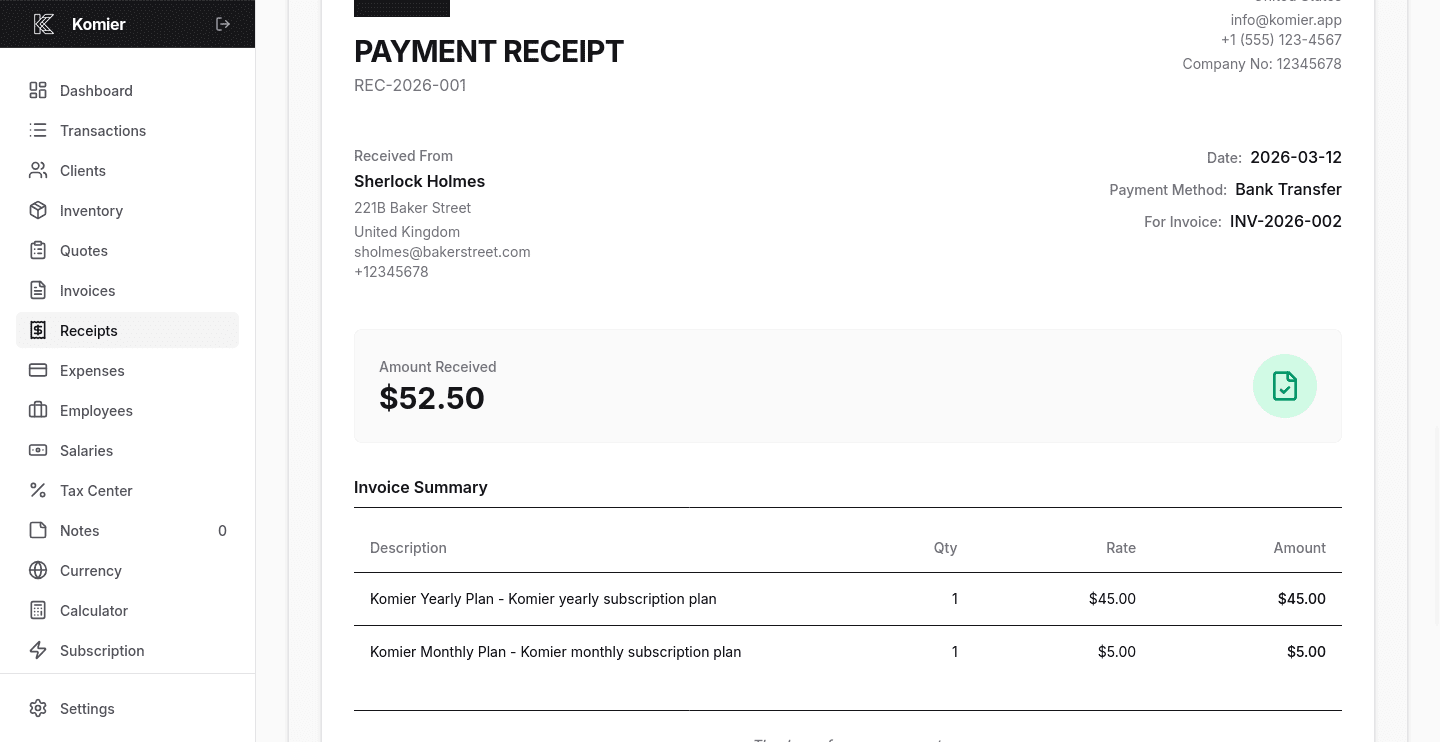 komier online receipt generator template