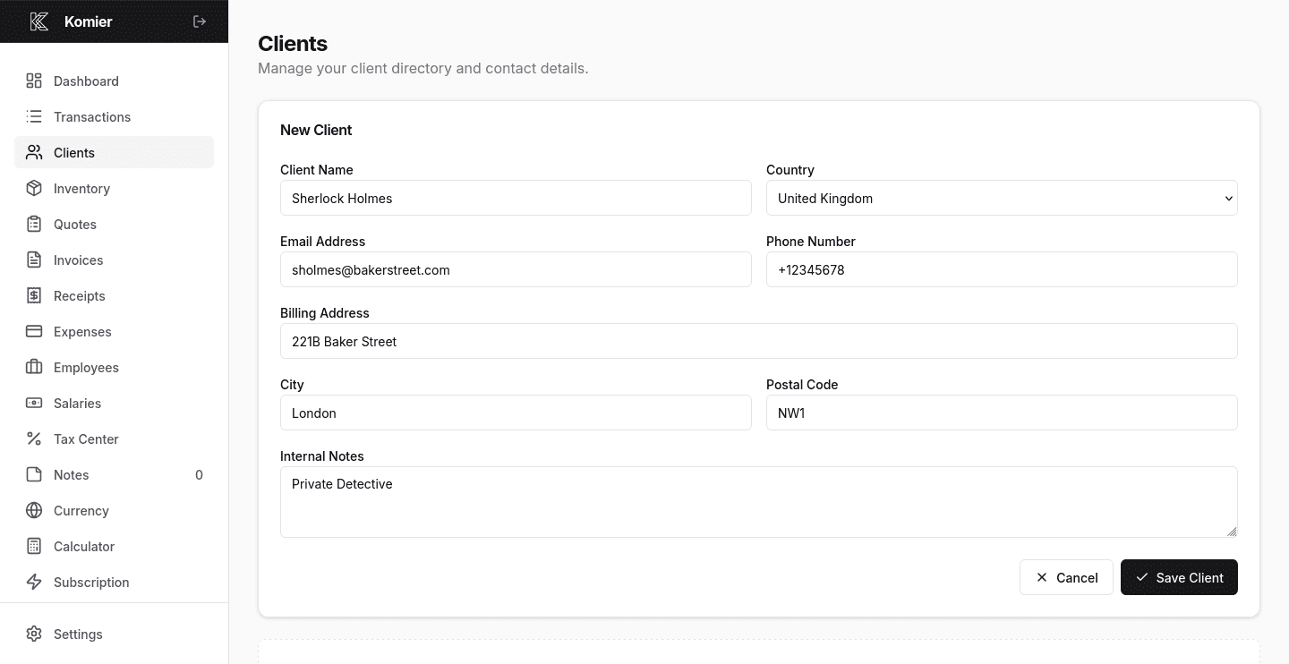 komier online client management