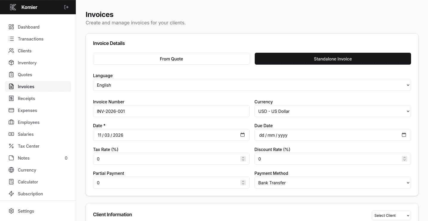komier online professional invoice template generator