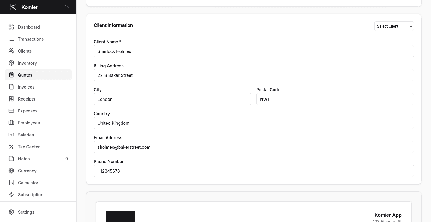 komier online quote template generator