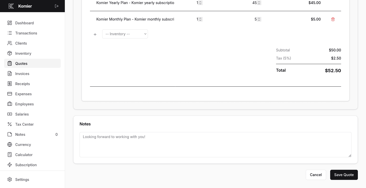 komier online quote template generator