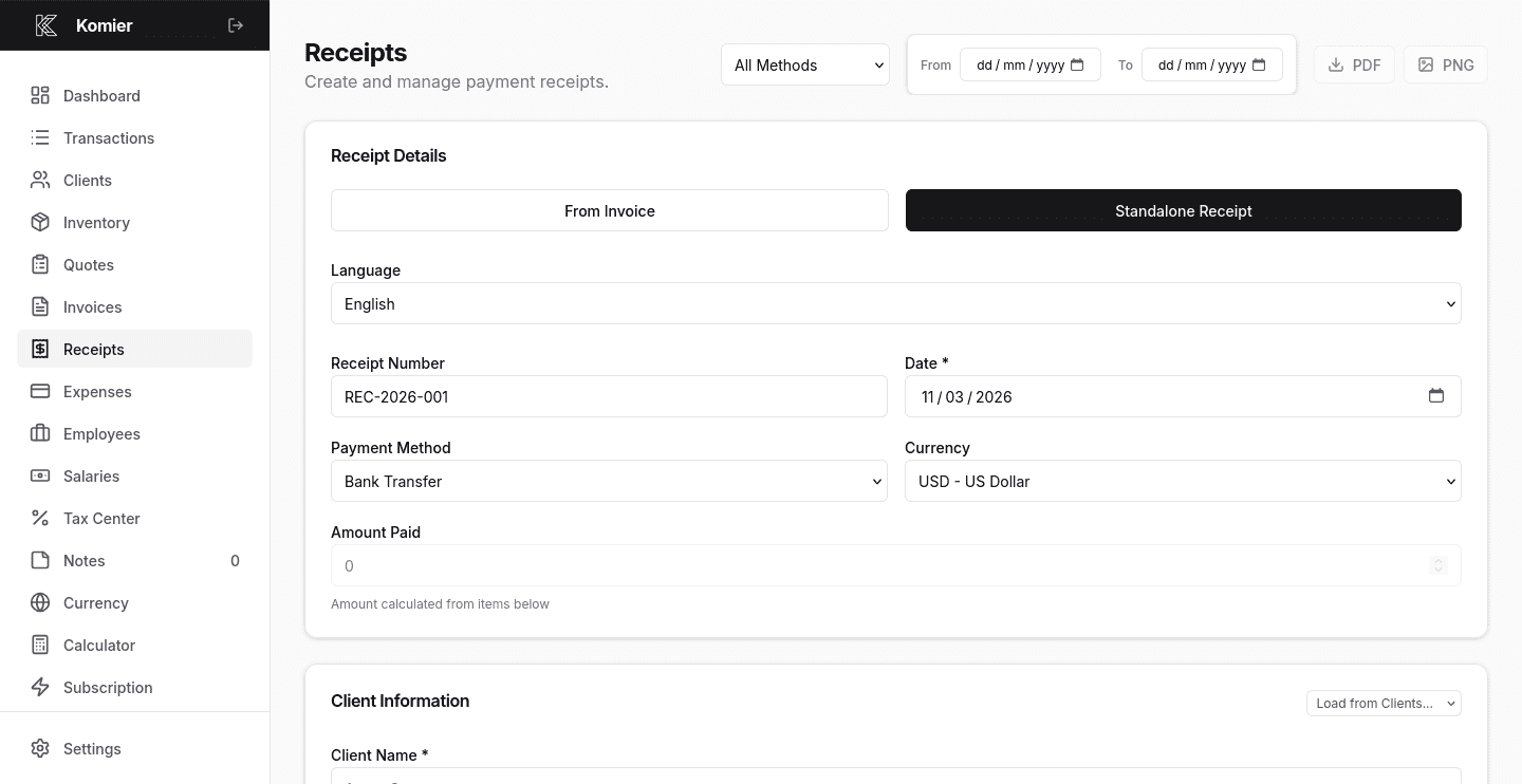 komier online receipt generator template