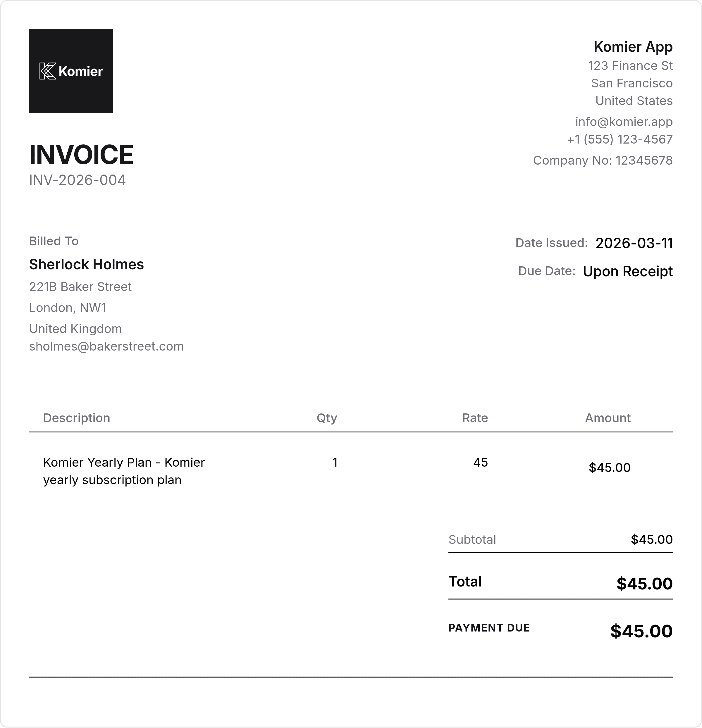 komier online professional invoice template generator