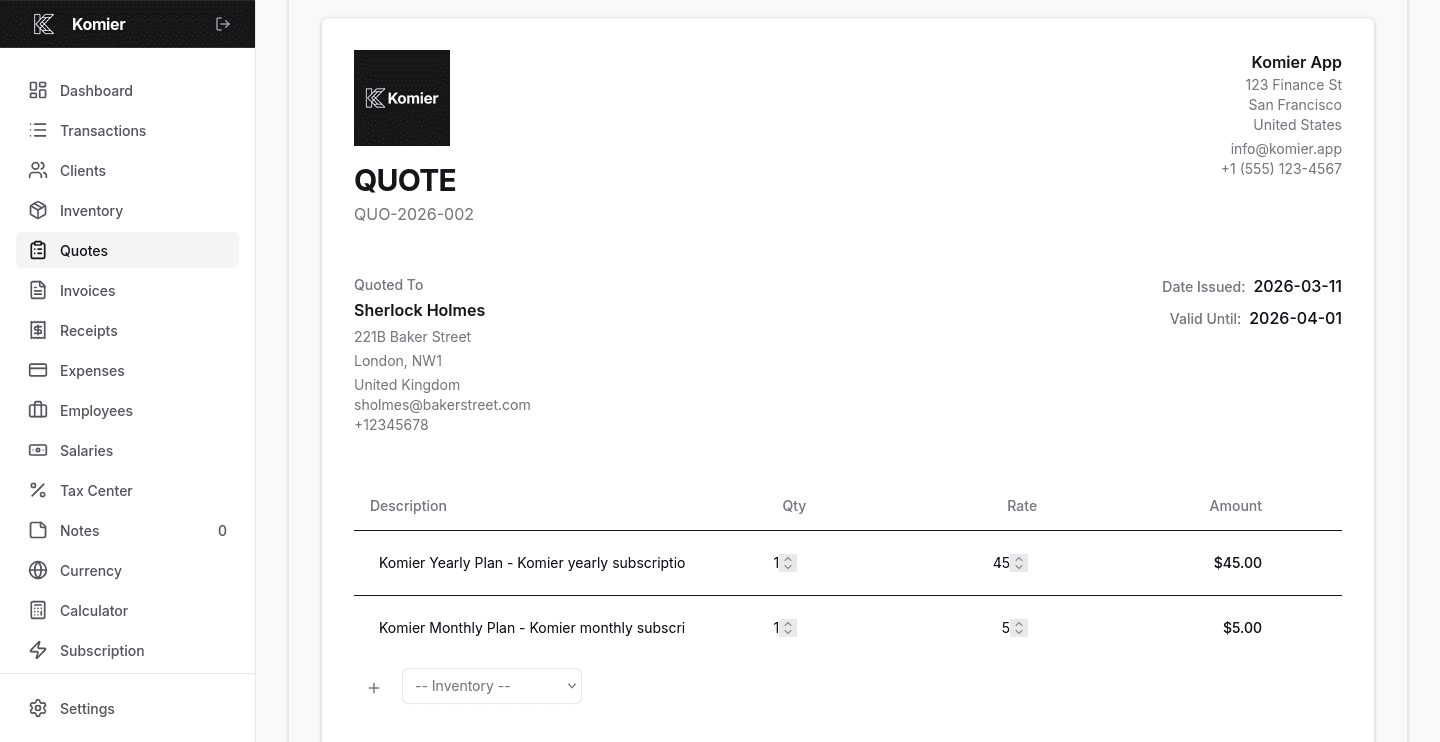 komier online quote template generator